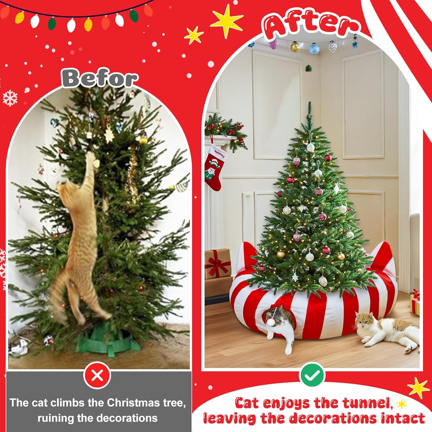 Cat Tunnel Bed with Christmas Tree Skirt, Cat Beds for Indoor Cats Tunnels with Toy Ball, Red and White Christmas Decorations Donut Tunnels for Cat Supplies Small Large Cats and Small Animals